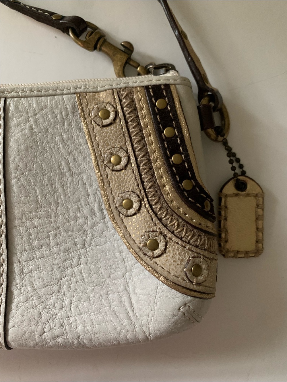 Coach Soho Embroidered Stitch Studded Wristlet, Pebbled White Leather, Gold Stud - Picture 5 of 14